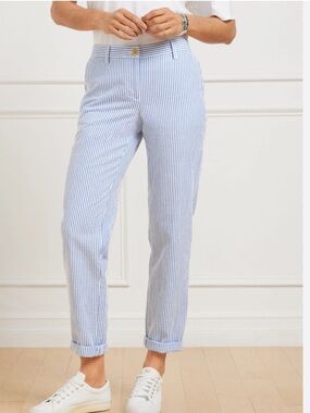 TALBOTS Relaxed Chino Seersucker Size 12 Blue White Coastal Straight Leg Spring